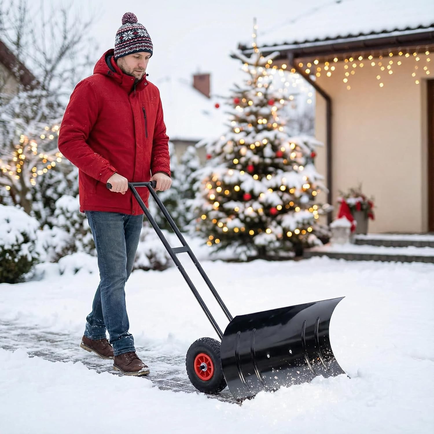 Leero Snow Shovel Wheeled, Large 29" Blade with 5 Level Adjustable Handle and Pivoting Chute Angle, Efficient Metal Snow Shovel for Driveway, Also for Sidewalks, Barn, Skating Rink