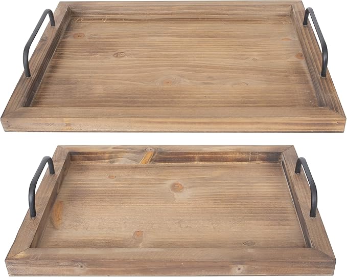 Besti Rustic Vintage Food Serving Trays (Set of 2) | Nesting Wooden Board with Metal Handles | Stylish Farmhouse Decor Serving Platters | Large: 15 x2 x11" - Small: 13 x2 x9" inches (Rustic Burnt)