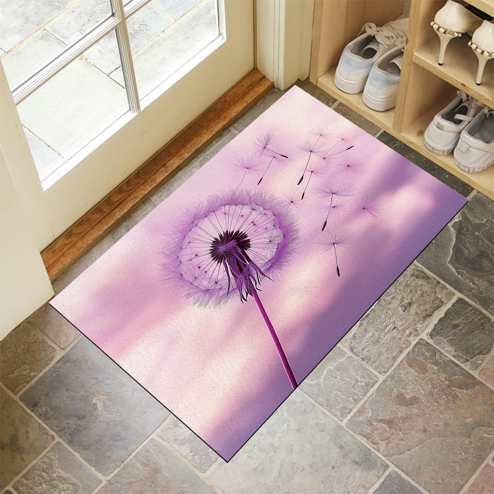 Tapis entrée 60x90cm lavable antidérapant, paillasson intérieur extérieur violet pissenlit