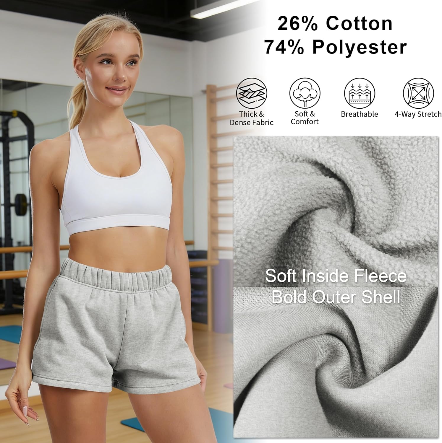 Women's Sweat Shorts High Waisted Fleece Lined Casual Lounge Athletic Cotton Shorts with Pockets - Image 3