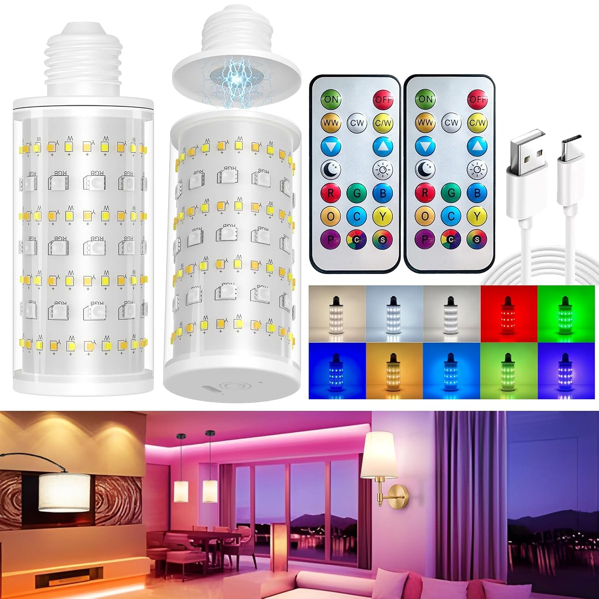 Battery Operated Light Bulb With Remote Control, 2 Pack Rechargeable Light