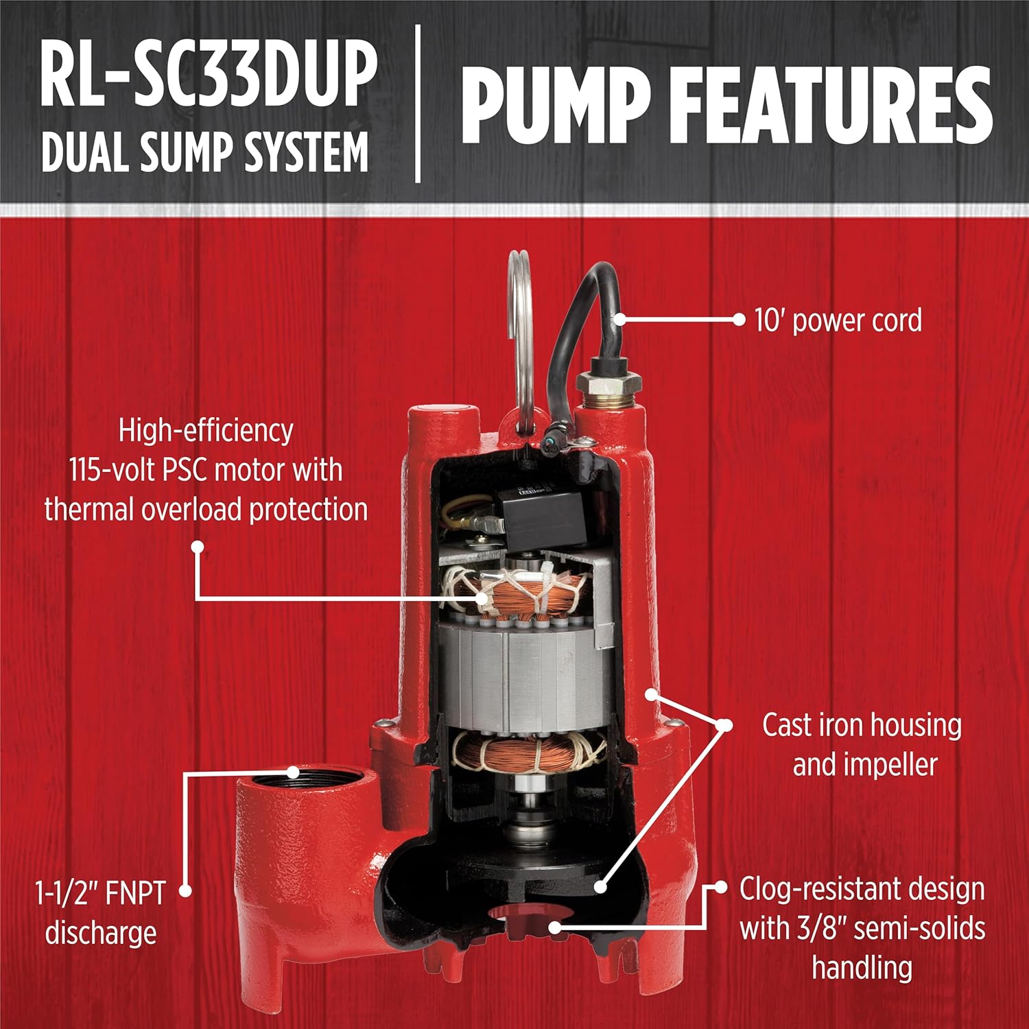 Red Lion RL-SC33DUP 115 Volt, 1/3 HP, 6000 GPH Dual Automatic Cast Iron Sump Pump System with 10-Foot Cord, Red, 14942771