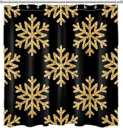 Miniatura 4 de EOBTAIN Juego de cortinas de ducha de invierno de Navidad, patrón geométrico abstracto de copos de nieve dorados sobre tela negra, juego de ducha