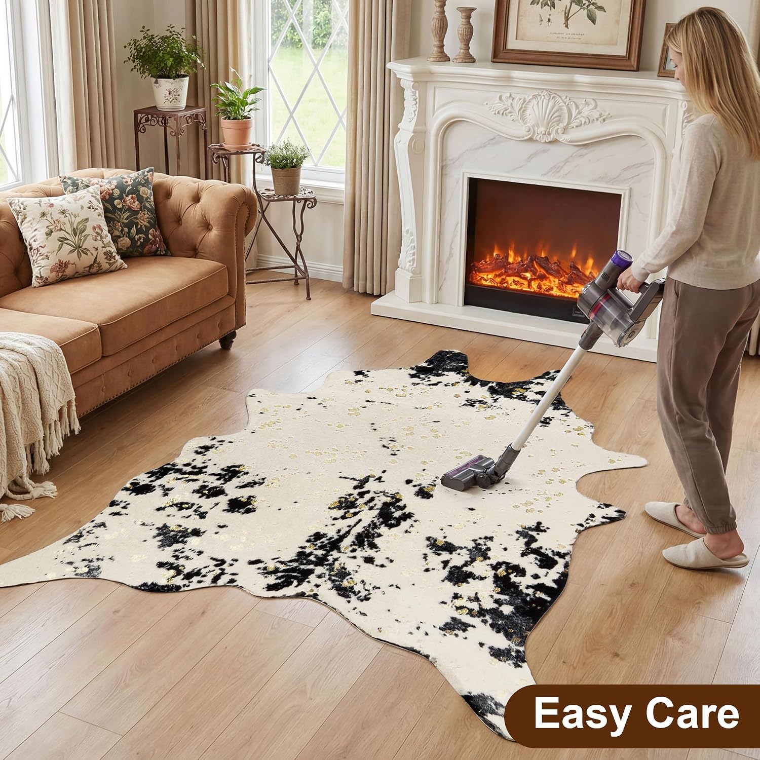 JONIYEAR Large Durable Faux Cowhide Area Rug 4.9 x 6.56 Feet, Premium Cow Print Rug for Living Room Bedroom, Durable Faux Fur Animal Cow Hide Carpet for Western Farmhouse Decor, Black and Gold Spot image 4