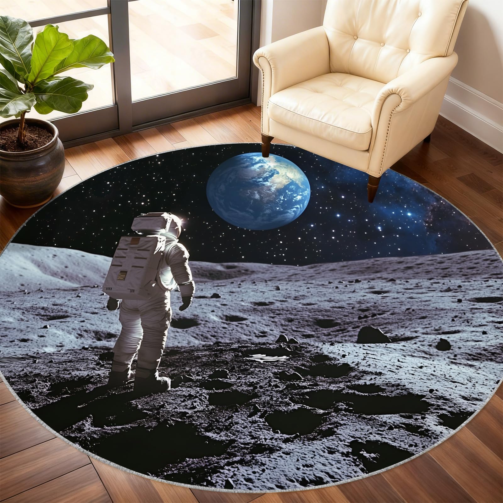 Tapis motif lune cosmique et terre en grand format circulaire de 2,4m pour salon