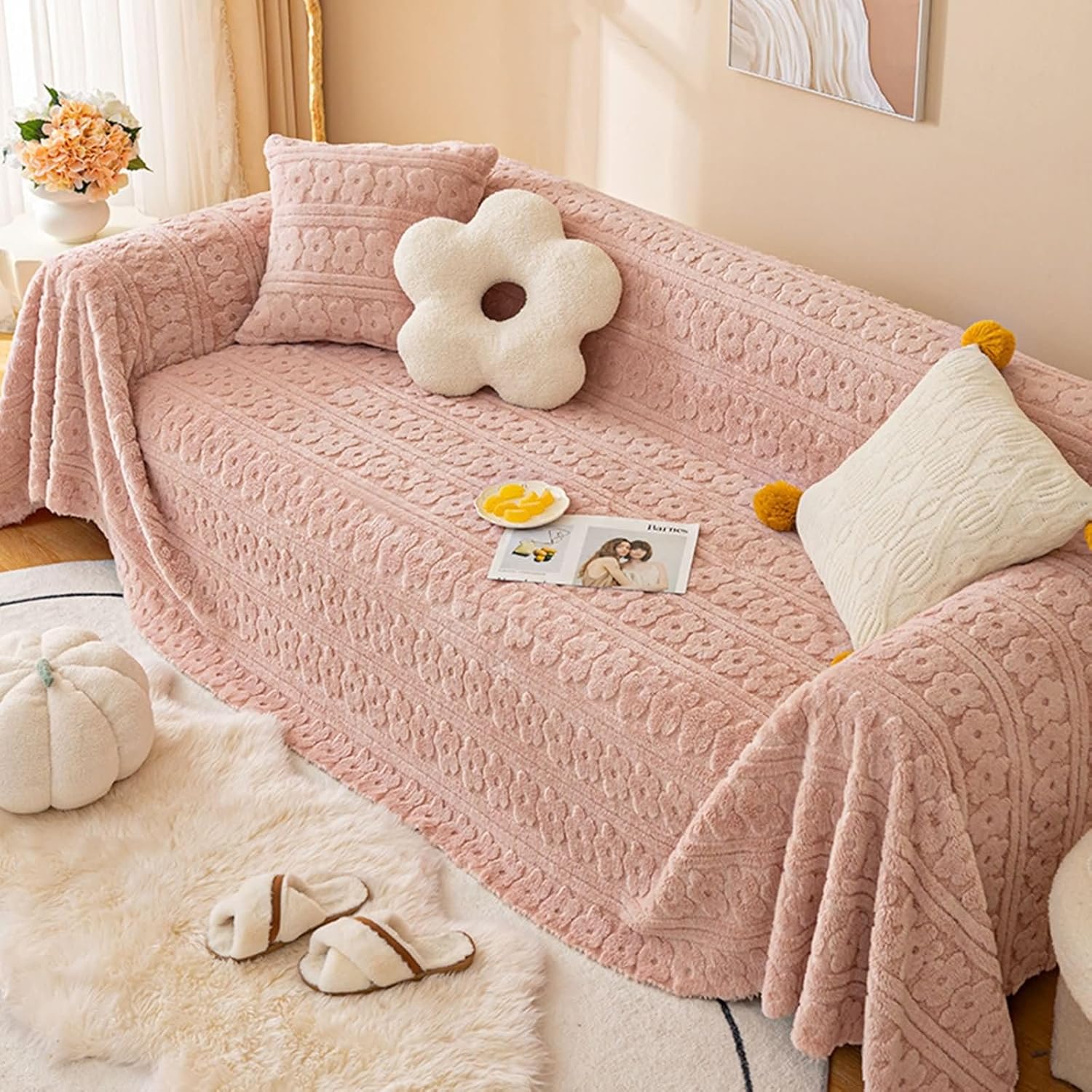 Sofa Coverings for Living Room, Pink Solid Color with Flower Pattern Soft and Plush Throws Sofa Slipcovers for Pets, Plush, 71" W x 150" L