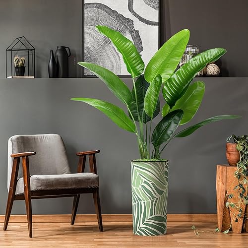 Miniatura 9 de Árbol artificial en macetero con patrón de hojas verdes, hoja de plátano falsa de seda para decoración del hogar en interiores y exteriores, altura
