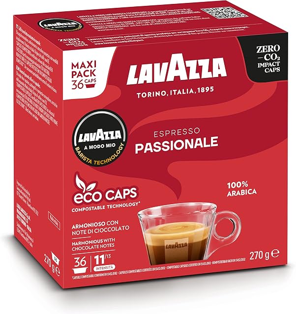 Lavazza A Modo Mio Espresso Passionale, Coffee Capsules, 100% Arabica, Warm and Inviting Taste, Intensity 11/13, Dark Roasting, Perfect for a 40ml Espresso, Compostable, 36 Espresso Pods