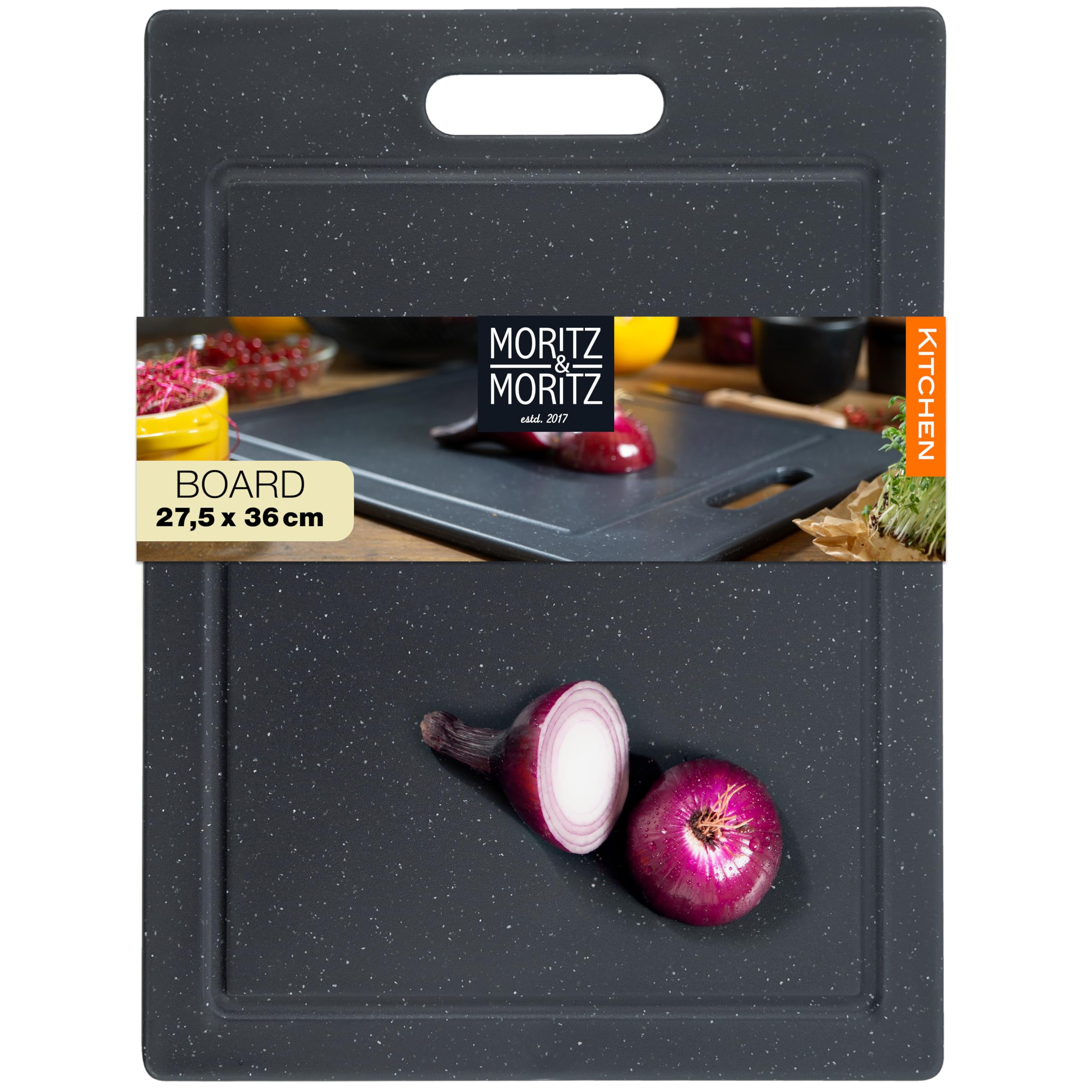 Moritz & Moritz Plastic Chopping Boards Black Granite Look - 36x27.5 cm - Cutting Board with Non-Slip Feet & Granite Look - Chopping Board with Juice Groove - Cutting Board for Kitchen