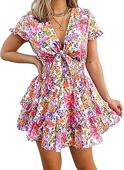 PRETTYGARDEN Women's 2023 Summer Swing Mini Dress Tie Front V Neck Short Sleeve Ruffle Layer A-Line Short Dress