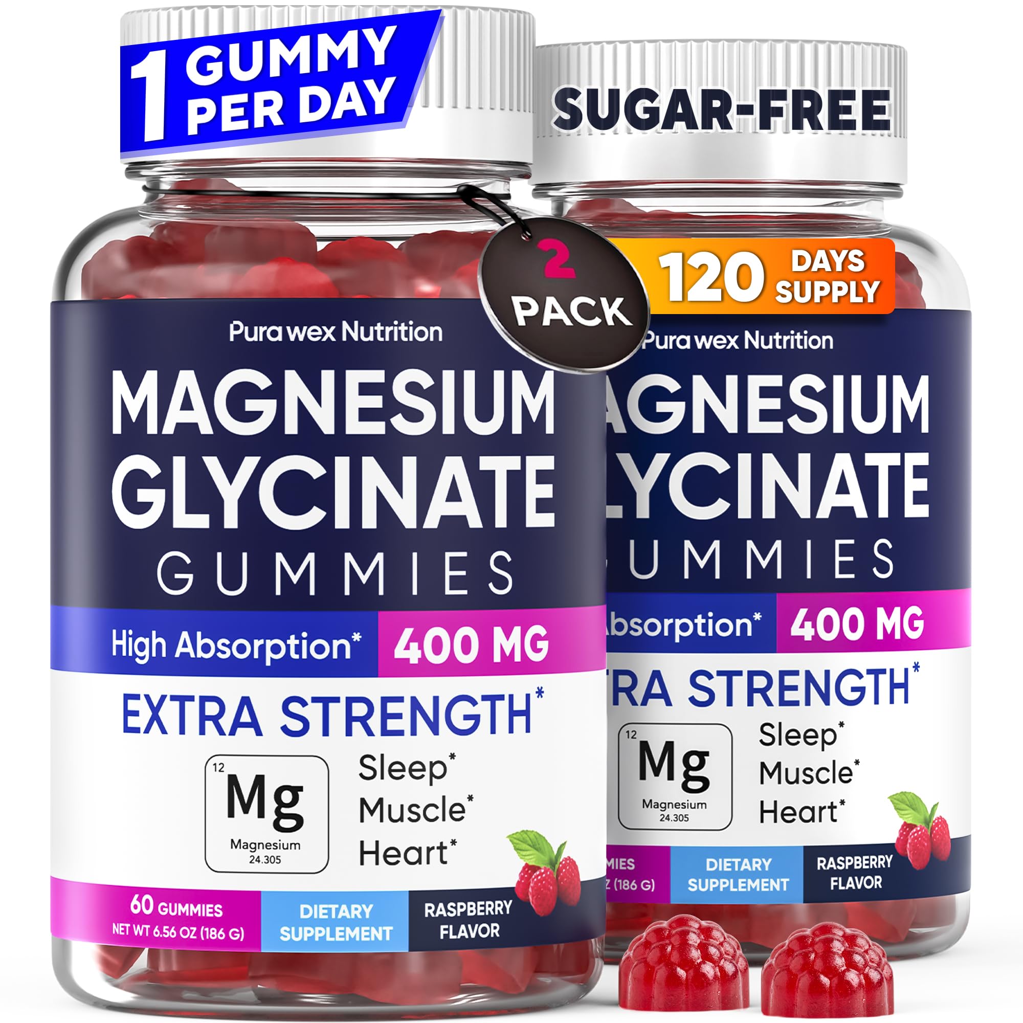 Magnesium Glycinate Gummies 400mg Extra Strength, 2-Pack (120 Count) - High Absorption Supplement, Muscle Support & Relaxation for Adults, Kids, Women & Men, Sugar-Free, Vegan, 4-Month Supply 2Pack (Raspberry)