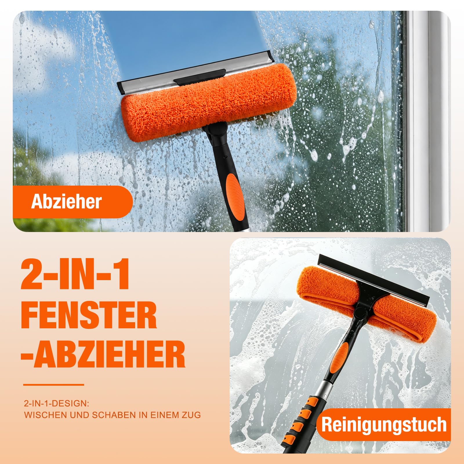 LAANPOLE 9m Fensterputzer Teleskop, 2-in-1 Fensterabzieher für die Fensterreinigung, Fensterwischer mit Teleskopstiel für den Außen- und Innenbereich