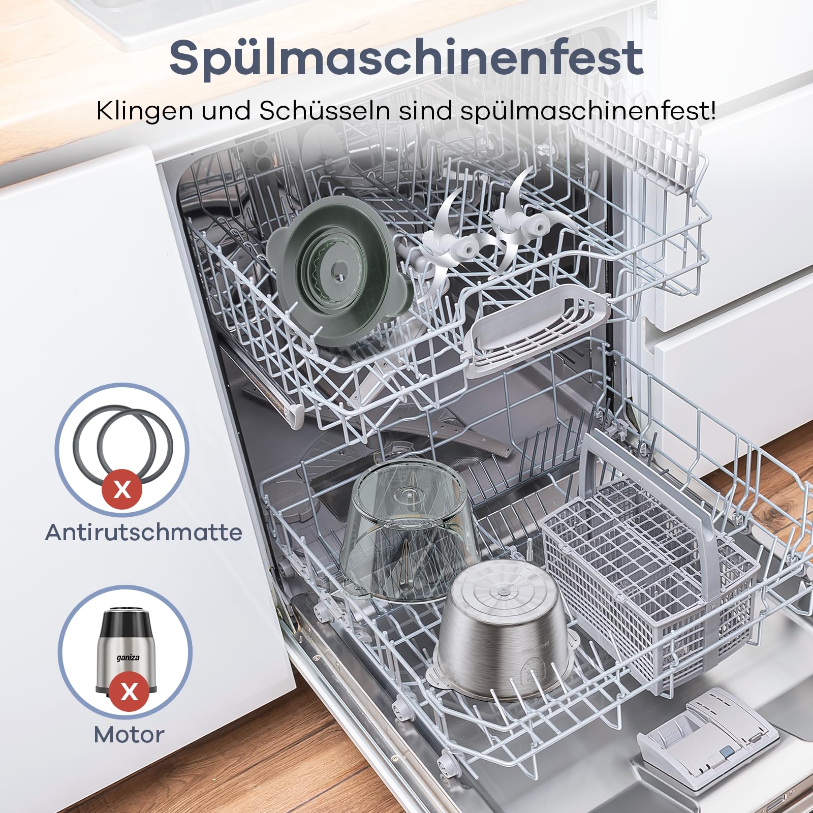 Ganiza Zerkleinerer Küche Elektrisch, Food Processor, Fleischwolf mit 2 Schüsseln(1.8L+1.8L), 2 Doppelklingen, 2 Geschwindigkeitsstufen, Multizerkleinerer Elektrisch für Fleisch, Gemüse, Nüsse