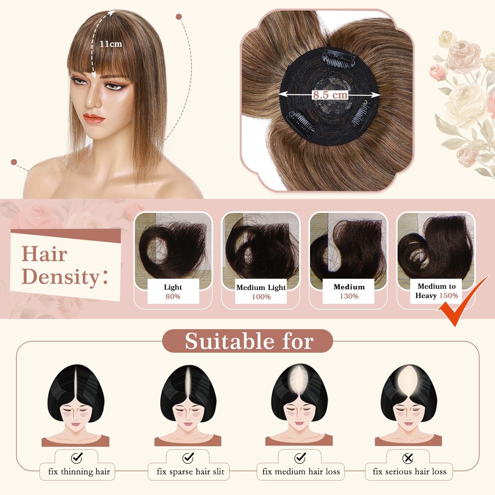 Elailite Real Human Hair Topper With Fringe Clip in For Women Thinning Hair - Image 3