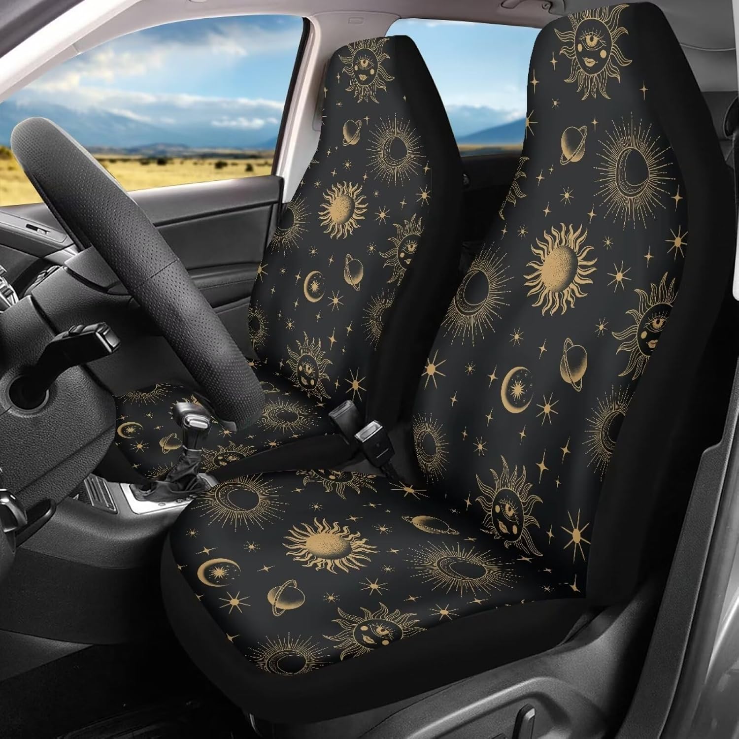 INSTANTARTS Sun and Moon Star 2 PCS Car Seat Covers for Front Seat Cushion Auto Seat Cover Car Bucket Seats Protector Covers Universal fit for SUV Sedan Van