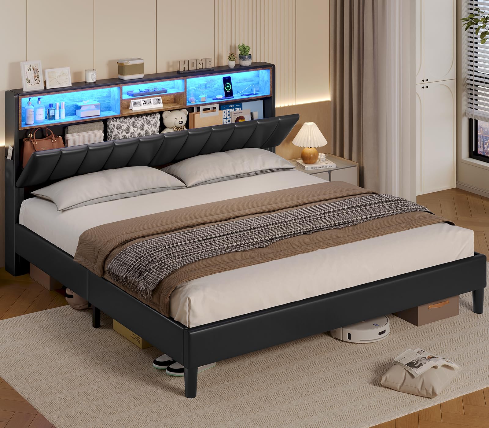 ADORNEVEKing Size Bed Frame with RGB LED Lights & Hidden Storage Headboard, PU Leather Bed with Type-C Charging Station, King RGB Platform Bed, Easy Setup, No Box Spring Needed, PU Black