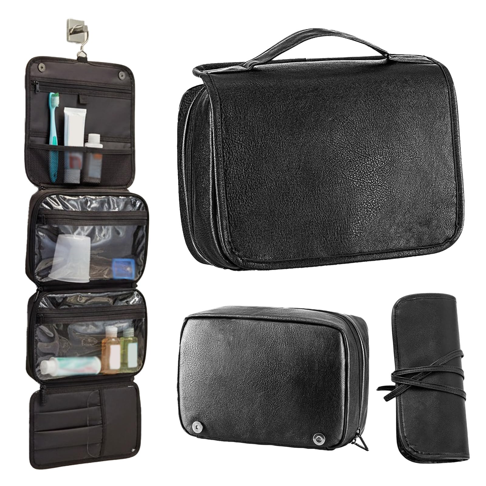 Organizer per articoli da toeletta sospeso in pelle PU, grandi borse per cosmetici per la cura e gli articoli da toeletta, regalo per uomini, Nero , 10.63x8.27x6.69Zoll, Stile retr