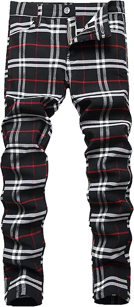 NOVOCCT Plaid Pants for Men - Skinny Mens Dress Pants - Stretch Slim Fit Business Casual Dress Chinos for Men (Black White Plaid - T7, 32)