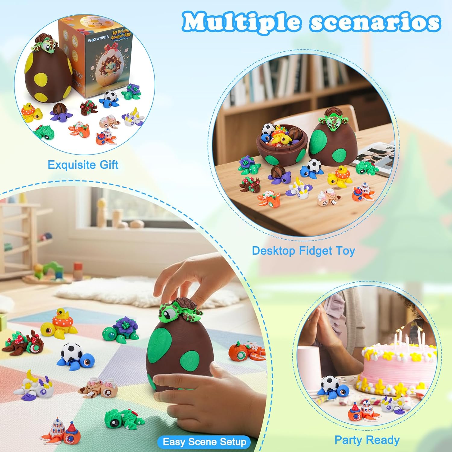 3D Printed Mini Animals with Dragon Eggs Set, 3D Printed Fidget Toys Bulk, Articulated Animals Figurines Adults Desk Decor, Pocket Pet, Easter Basket Stuffers (Sea Turtle)