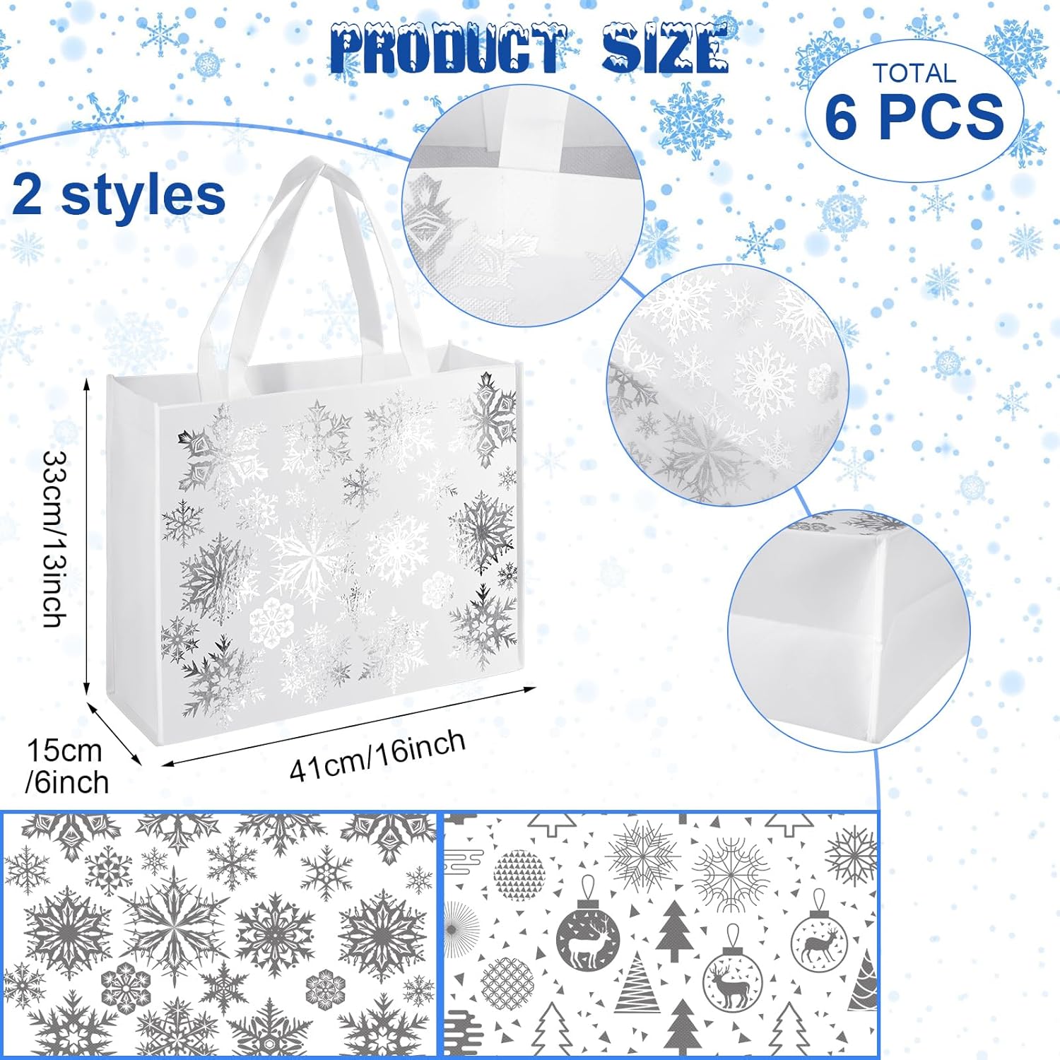 Sweetude 6 Pcs Extra Large Christmas Silver Bags for Gift 16 x 13 Inch White and Silver Metallic Snowflake Gift Bag for Women Reusable Christmas Non Woven Wrap Tote Bags for Xmas Party Favor - Image 2