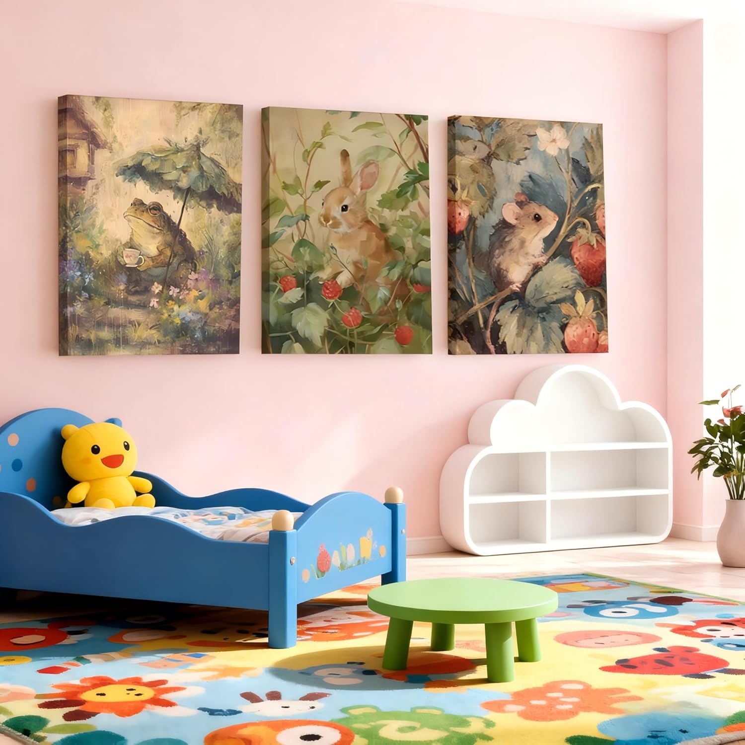 3pcs Woodland Nursery Wall Art Retro Wild Animals Painting Picture Wall Decor The Mouse and Rabbit Picking Raspberries Funny Frog With An Umbrella, Poster Print Artwork for Child Room Home Decoration