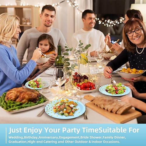 Miniatura 7 de Juego de platos y servilletas de papel azul dorado, platos de postre de 25 x 7 pulgadas, servilletas de 25 x 6.5 pulgadas y tenedores de 25 x 7.3