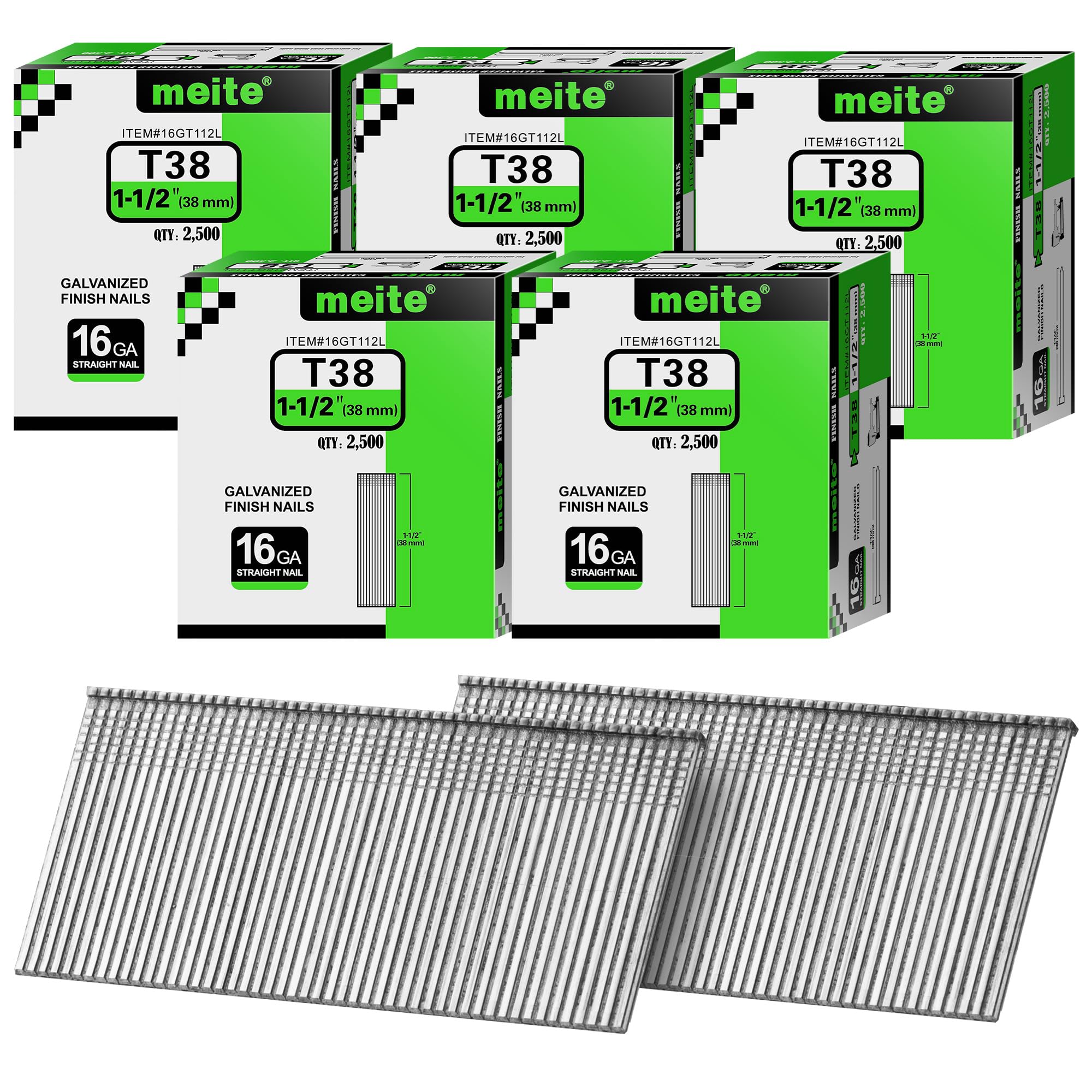 meite 16 Gauge Finish Nails 1-1/2 Inch Galvanized Straight Finish Nails for Pneumatic Cordless Finish Nailer Gun, Small T-Head Trim Nails for Baseboard Crown Molding Cabinet Casing, 5 Boxes/12500PCS
