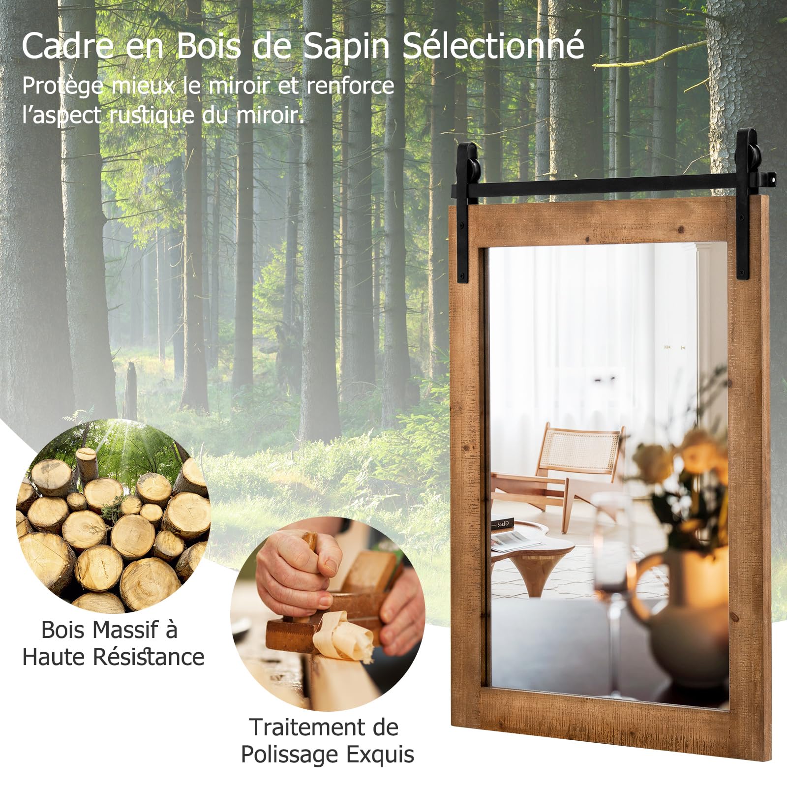 GOPLUS Miroir Mural Solide, 76,5×54CM, Miroir Décoratif Rectangulaire en Bois Sapin & Verre de Haute Définition & Support en Métal, pour Entrée, Salle de Bain, Chambre à Coucher (Brun)