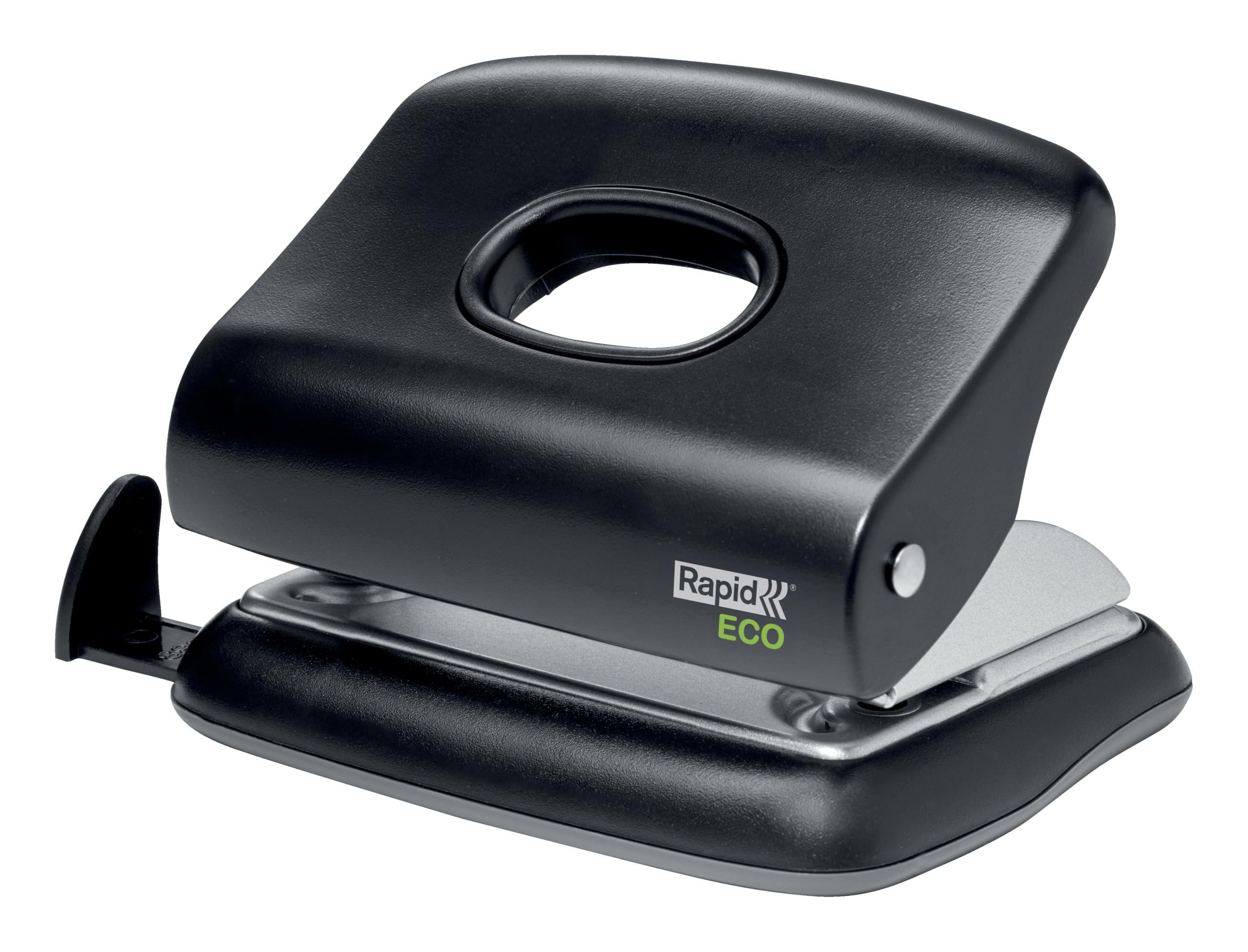 Rapid Office Hole Punch, 2 Hole Punch, Recycled Plastic, Black | Heavy duty & compact hole puncher, comfortable grip and guide bar support accurate punching; For work, school or home