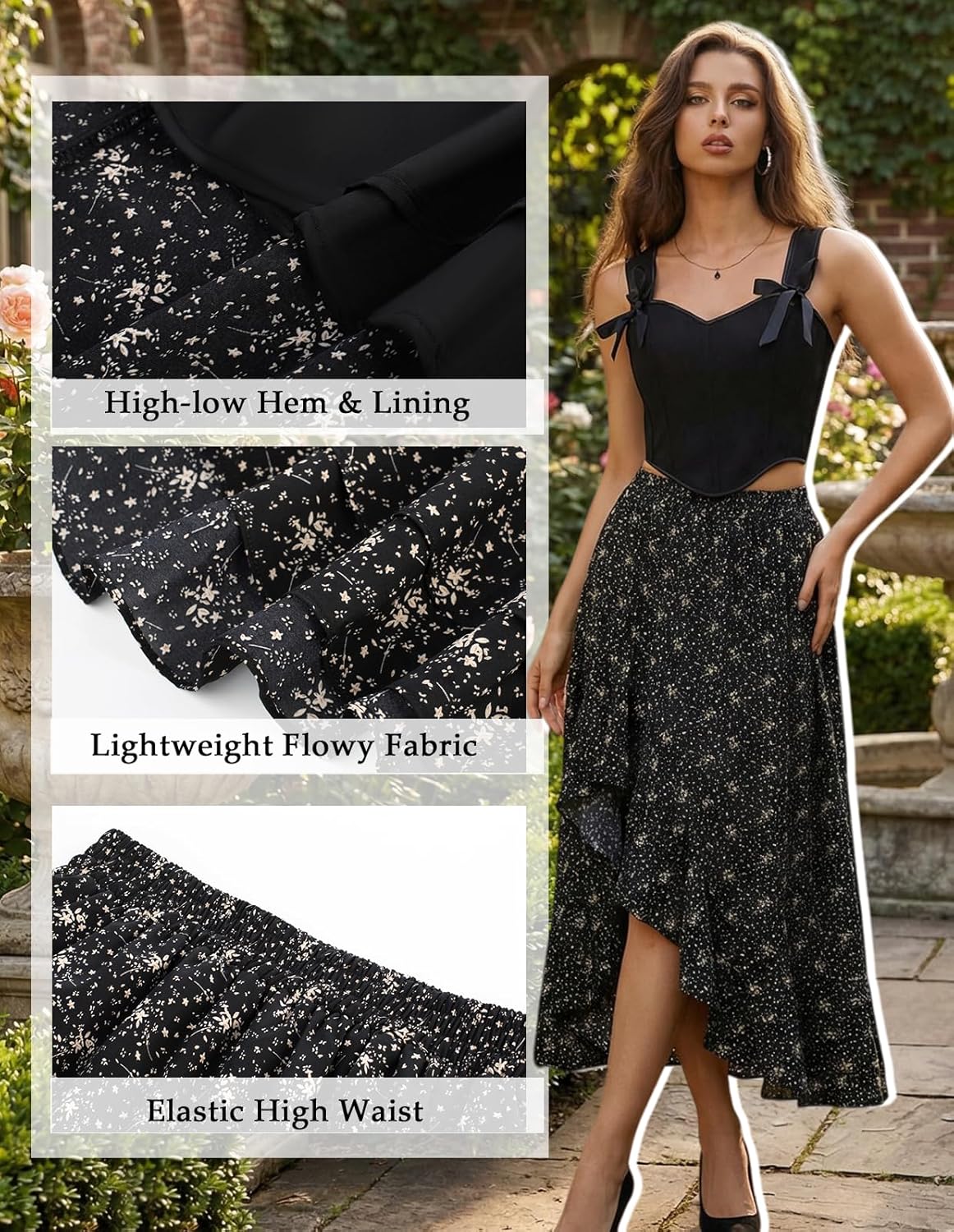 Scarlet Darkness Women's Renaissance Skirt Floral Print High Waist Ruffle Boho Maxi Skirts - Image 6