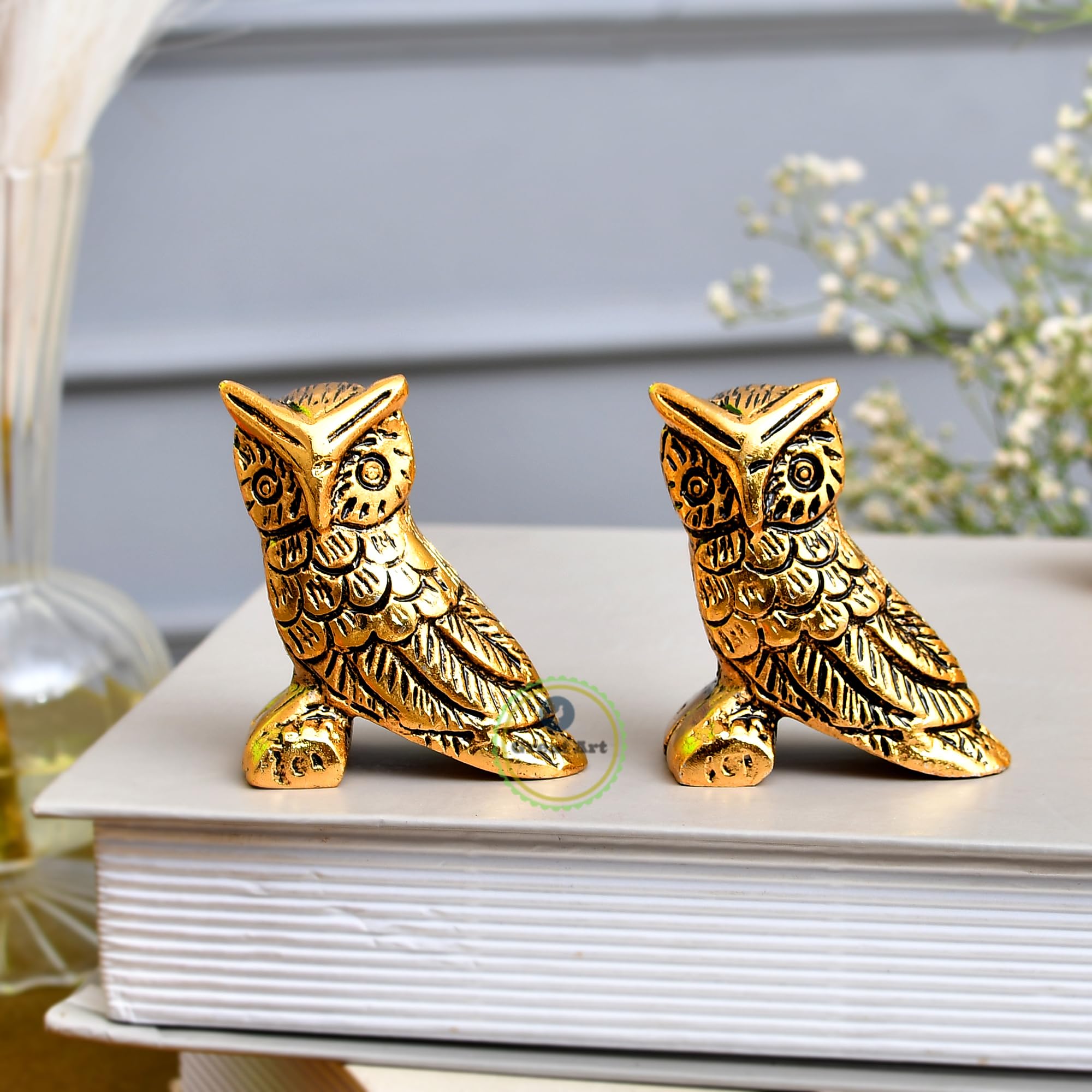 Great Art Gold Brass Set of 2 Owls Showpiece Figurines Garden Statues Decoration Items for Home Outdoor Decorations-image-34