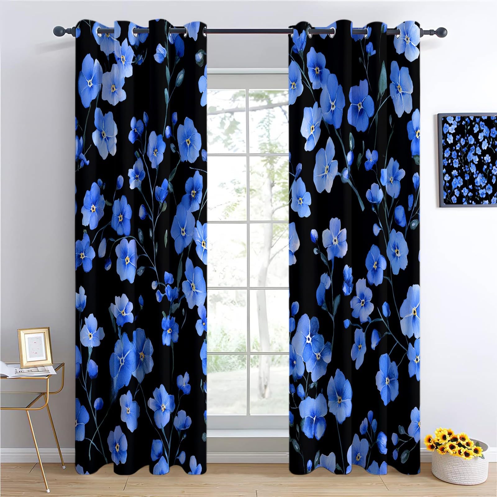Générique Rideaux Enfants Fleurs Aquarelles Haute Définition 110 X 215 Cm (Lxh) 2 Panneaux, Rideaux À Œillets Occultants À Isolation Thermique pour Décoration Chambre Salon, Bleu