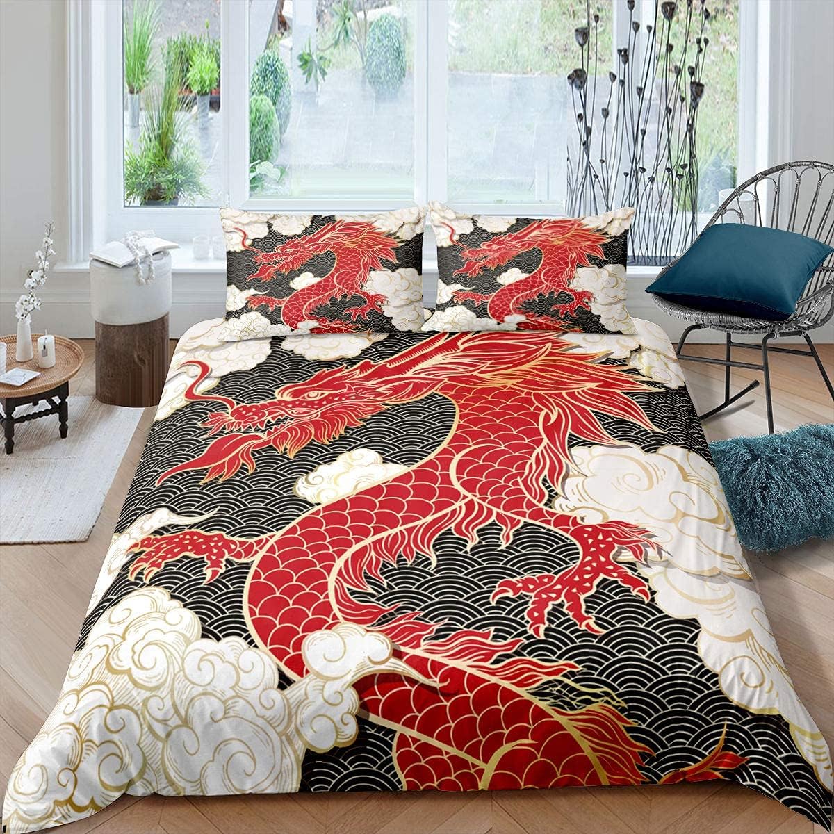 Dragon Bedding Set Japanese Wave Comforter Girls Teens Adult Animal Cloud Duvet Cover Oriental Sketch Ocean Quilt Cover w/Zipper Closure Brushed Decorative Room Double Size, Multi 09