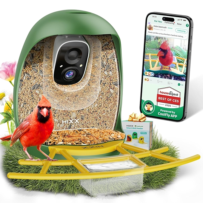 HIXX®智能鸟类喂食器摄像头，AI识别鸟类，自动视频捕捉，带太阳能板，鸟类爱好者必备
