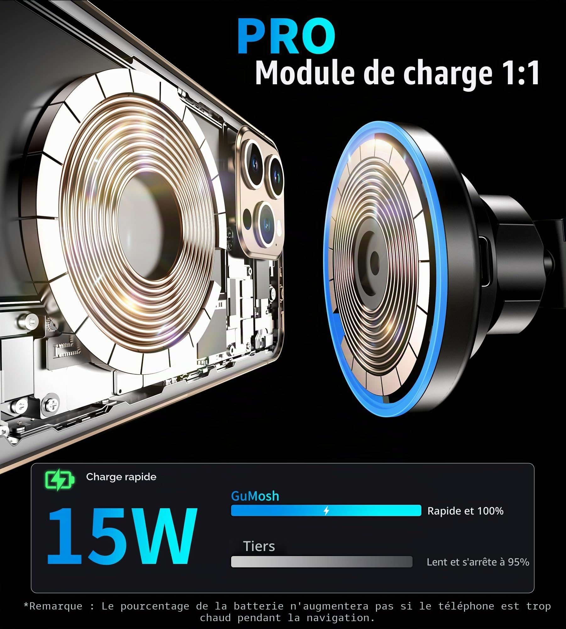 Porte Telephone Voiture avec 【LED Light】 Support Telephone Voiture Magnetique Chargeur Induction Voiture pour Tableau de Bord et Pare-Brise Sortie d'air pour i-Phone 17 16 15 14 13 12 Series