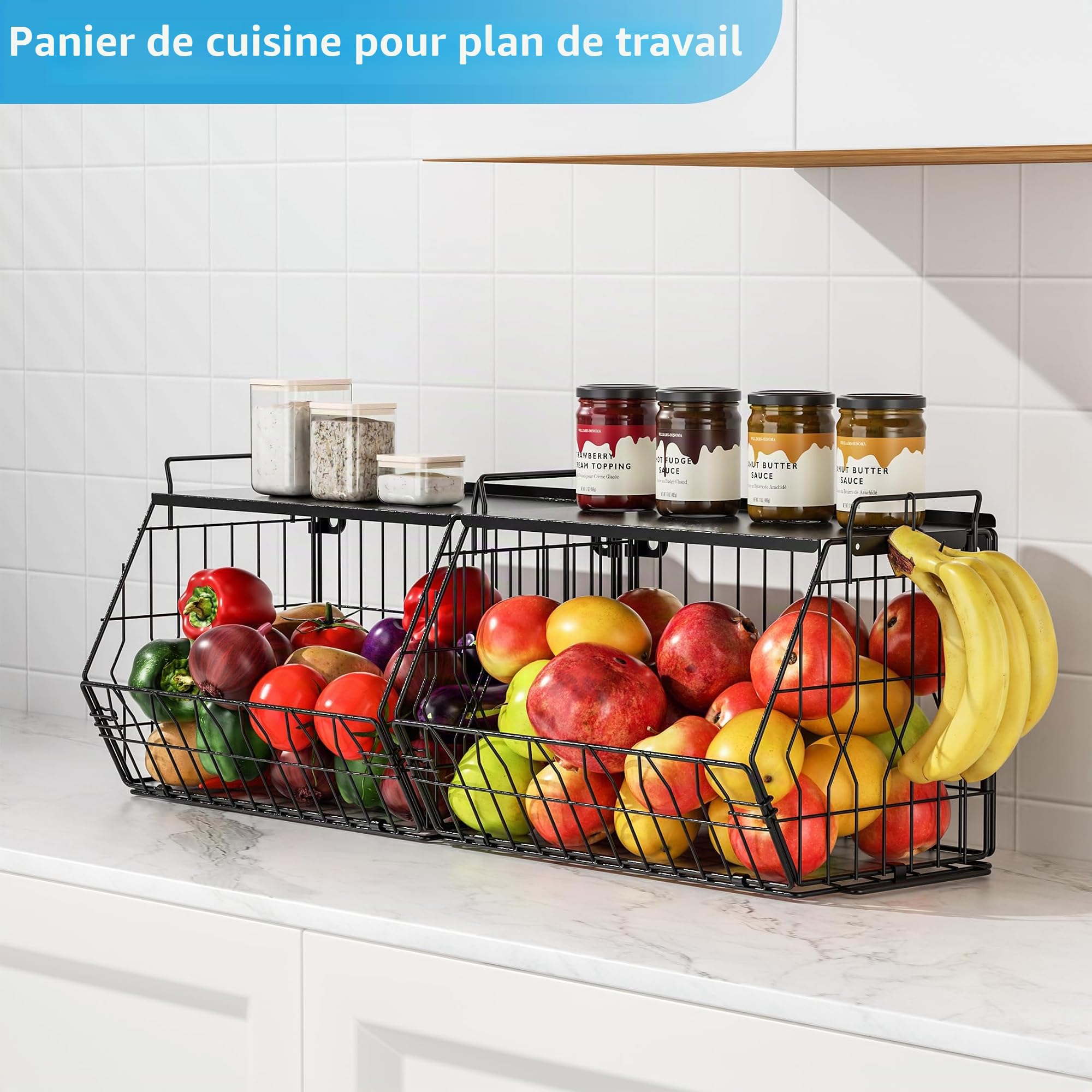 Ezprotekt Lot de 2 corbeilles à fruits empilables avec couvercles en métal, corbeilles à fruits, paniers à fruits empilables à fixation murale, paniers de rangement pour pommes de terre, oignons pour