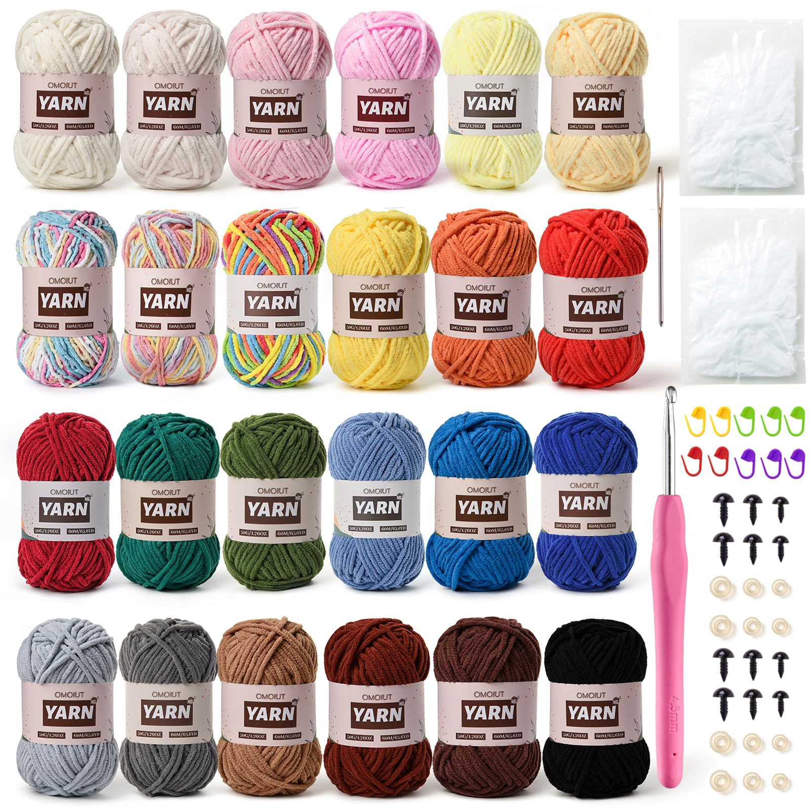 OMoiut Amigurumi-Garn-Set mit 1200 g Häkelgarn, Häkelnadel, Maschenmarkierer, flauschige Füllung, Zubehör, 24 Stück