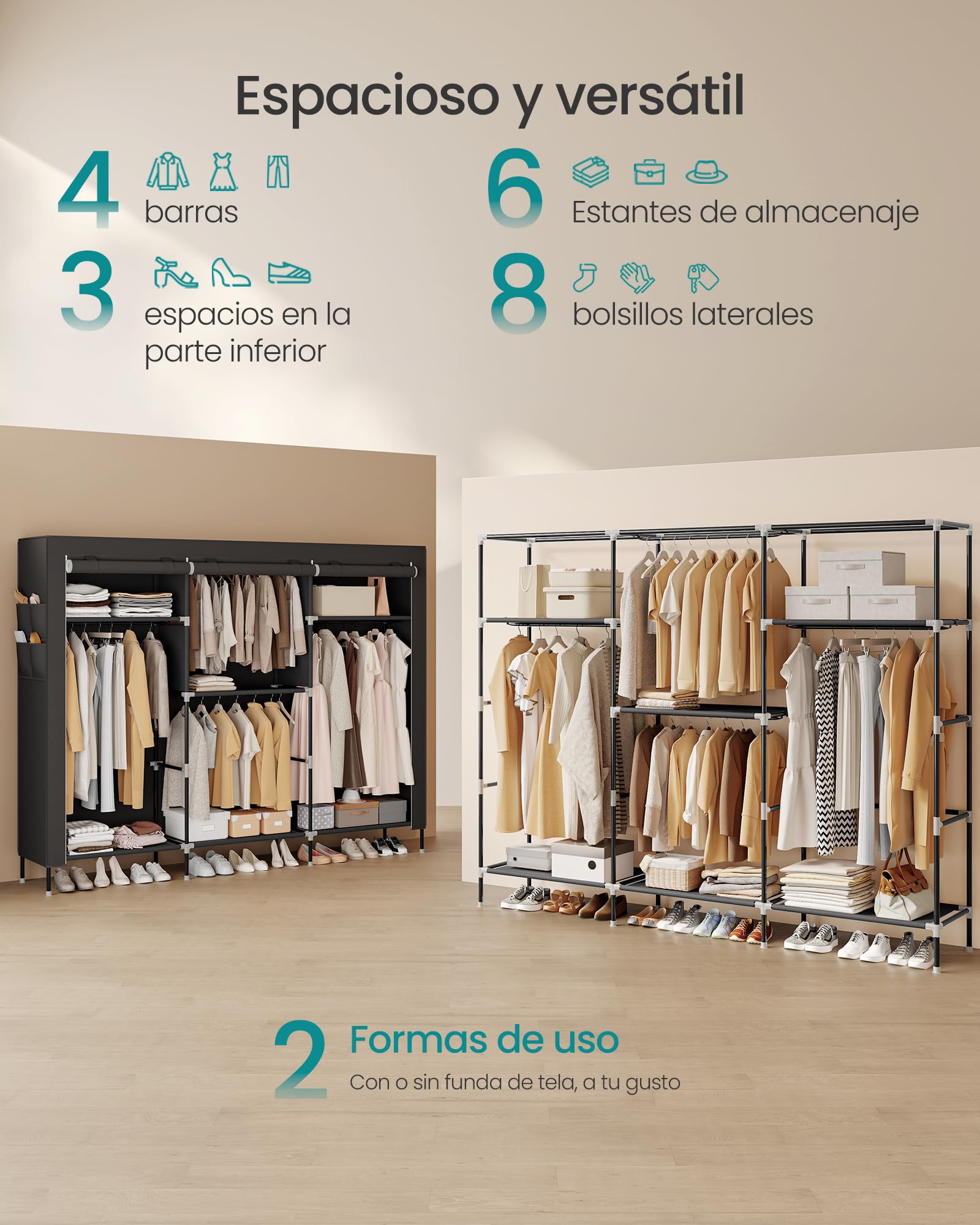 SONGMICS Armario de Ropa de Tela para Dormitorio, Armario Portátil con Barras para Colgar, Baldas y Bolsillos Laterales, Gran Capacidad, 4 Zonas para Colgar Ropa, 45 x 189 x 180 cm, Negro RYG011BZ02