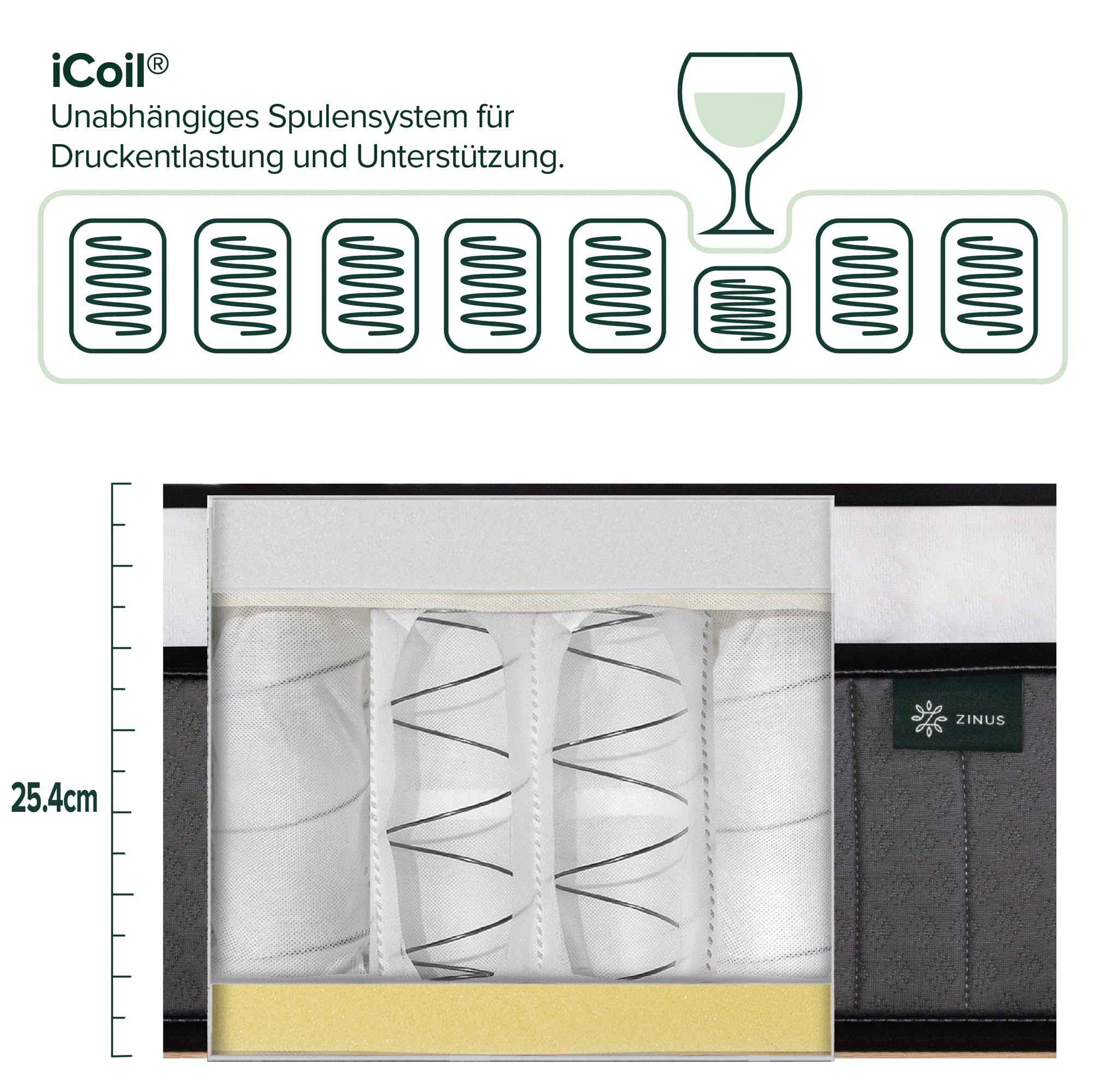 Zinus Hybrydowy materac ze sprężynami kieszeniowymi 90 x 200 cm – wysokość 20 cm – H3 średnio twardy – ergonomiczny i oddychający – certyfikat Oeko-TEX