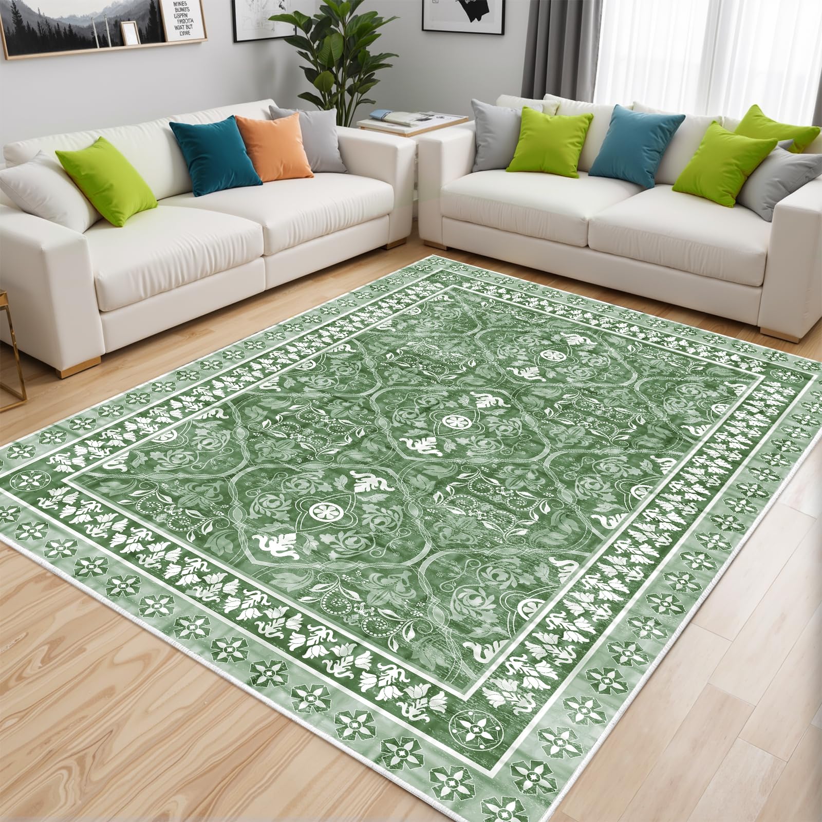 Alishomtll Living Room Area Rugs 200x290cm Anti-Slip Soft Faux Wool Vintage Rugs for Bedroom Washable Large Easy Clean Carpets Durable Floor Carpets Runner for Kids Room Hotel Home Green