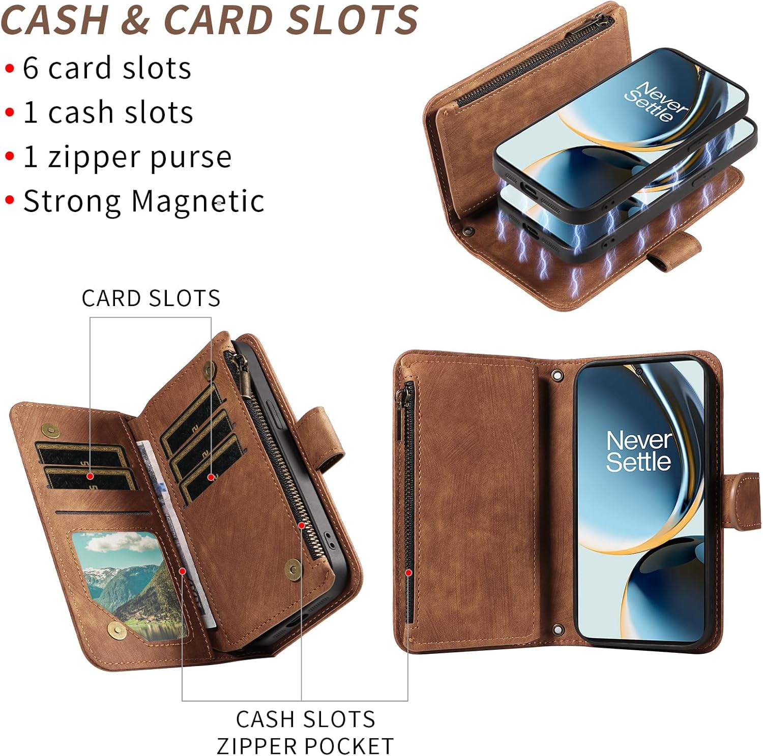 Asuwish Phone Case for OnePlus Nord N30 5G/CE 3 Lite Zipper Wallet Detachable Magnetic Cover with Tempered Glass Screen Protector Crossbody Lanyard Card Holder Oppo K11x/One Plus 1 1+ N 30/CE3 Brown