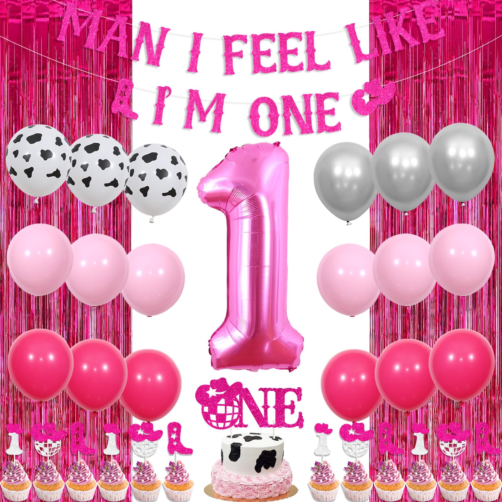 Fangleland Disco Cowgirl 1st Birthday Decorations, Man I Feel Like I'm One Space Cowgirls First Birthday Party Supplies Pink Fuschia Balloon Cake