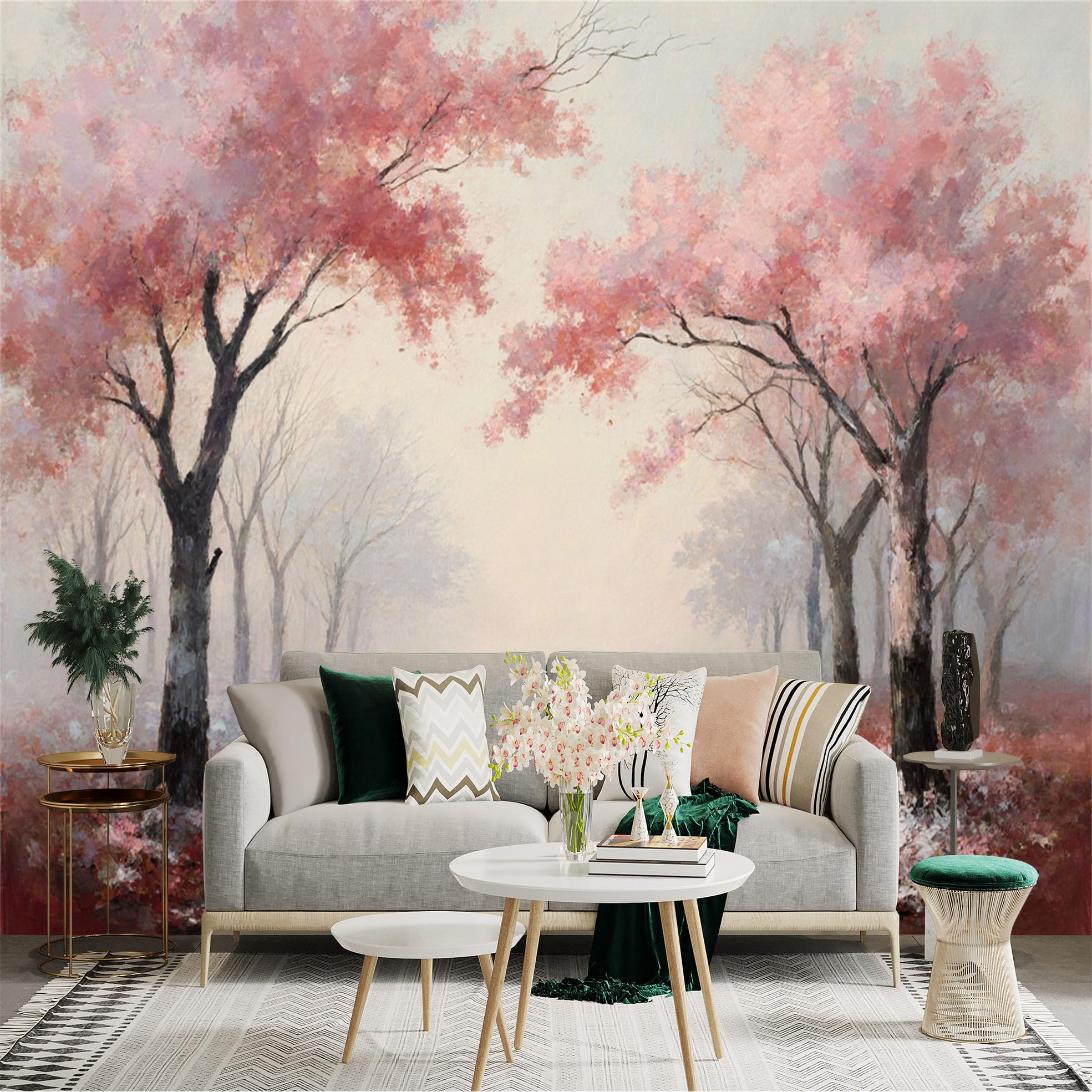 Custom Size Wall Sticker Mural， Misty Forest with Pink Trees and River Landscape， for wall Decoration， peelandstick wall Decals.