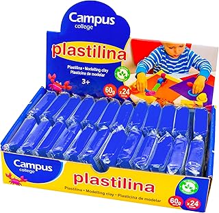 Campus - Kit de Plastilina de Colores para Modelar, 24 Barras Sin Gluten, Estuche con 24 Pastillas para Manualidades Escolares (60g - Azul Oscuro)