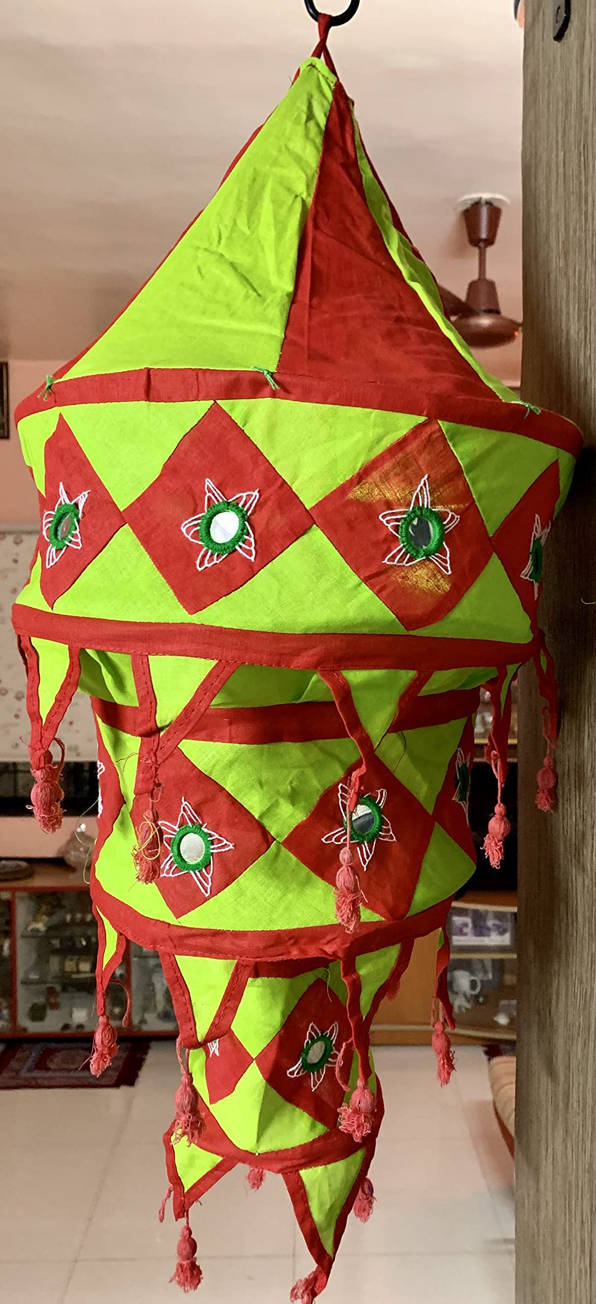 Cloth Applique Free Hanging Decor Item/Festive Lantern, Jhoomar Shape with 3-Steps, Compressible, from Pipli Odisha (Green & Red)