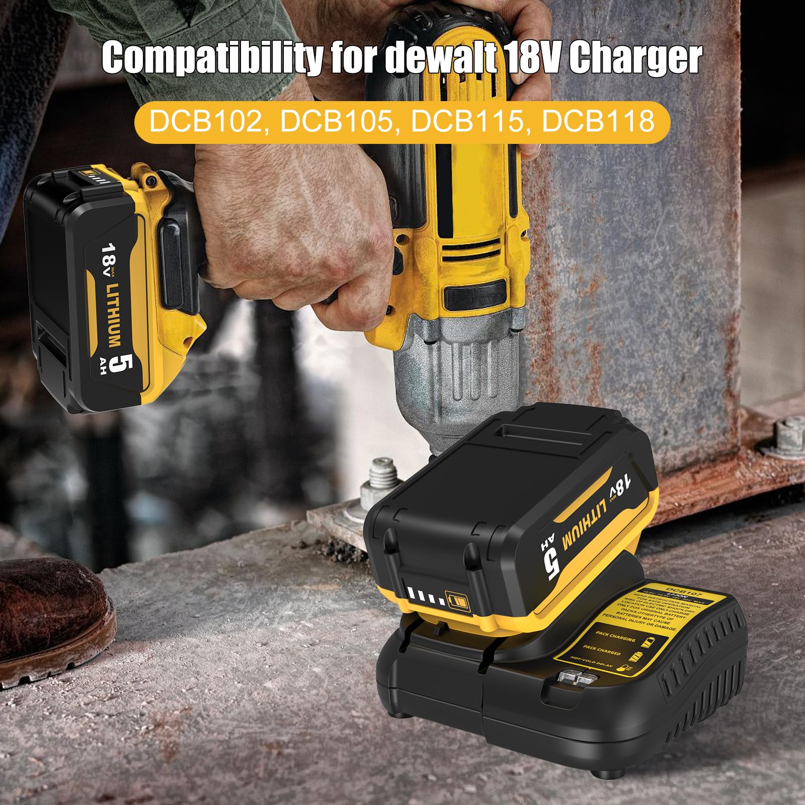2pcs 5000mAh Recambio para Dewalt batería 18V + 1pcs 10.8~20V 3A DCB107 para Dewalt Cargador de batería con indicador LED
