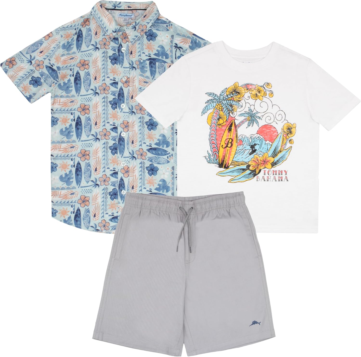 Tommy Bahama Boys Hawaiian Button Down Short-Sleeved Shirt, Graphic T-Shirt & Shorts Set, 3-Piece Summer Outfit for Kids