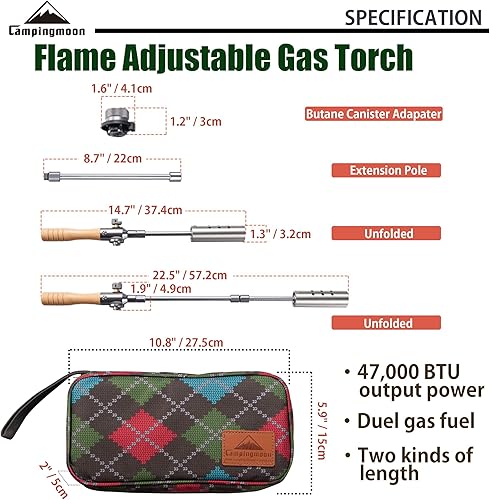 Miniatura 2 de Campingmoon - Antorcha para parrilla de campamento con cabezal de combustible doble, llama ajustable para principiantes de carbón con estuche