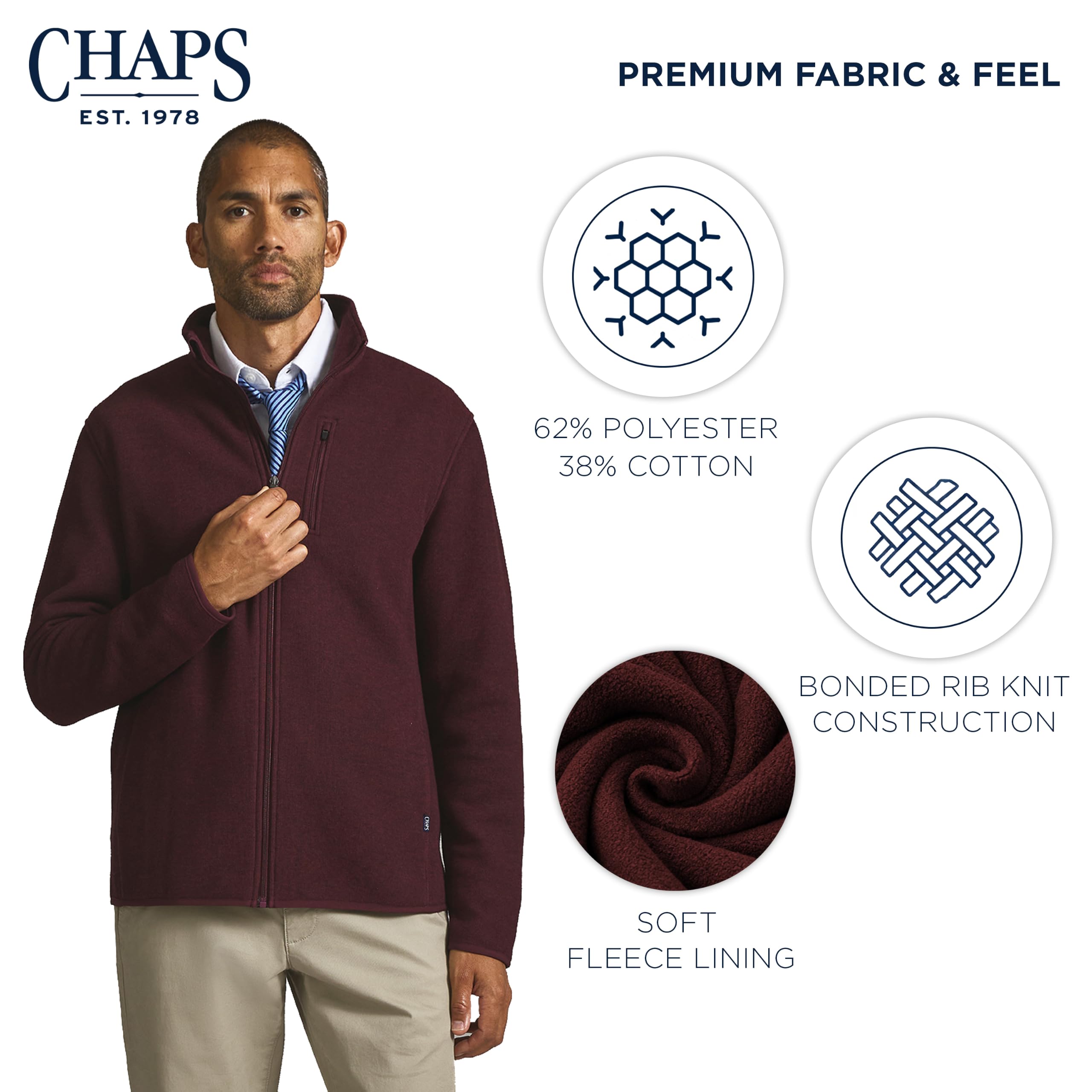 Chaps Norwell Herren-Fleecejacke mit durchgehendem Reißverschluss, Burgunderrot Heather, L