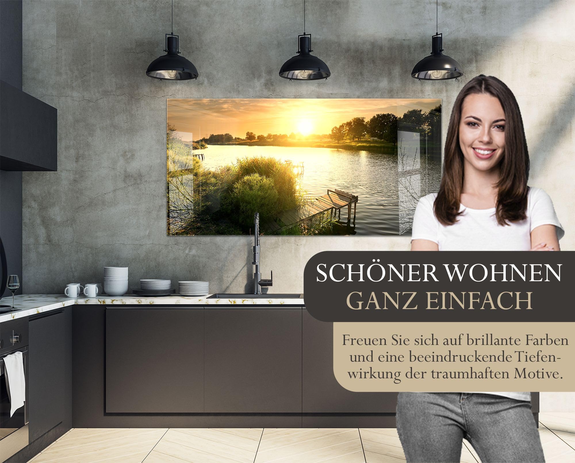 timalo Küchenbild aus Acrylglas modernes Wandbild Glasbild Deko Küche XXL Bild wie Glas | 140x50cm See Abend Wald, Sonnenuntergang, Natur, Wasser